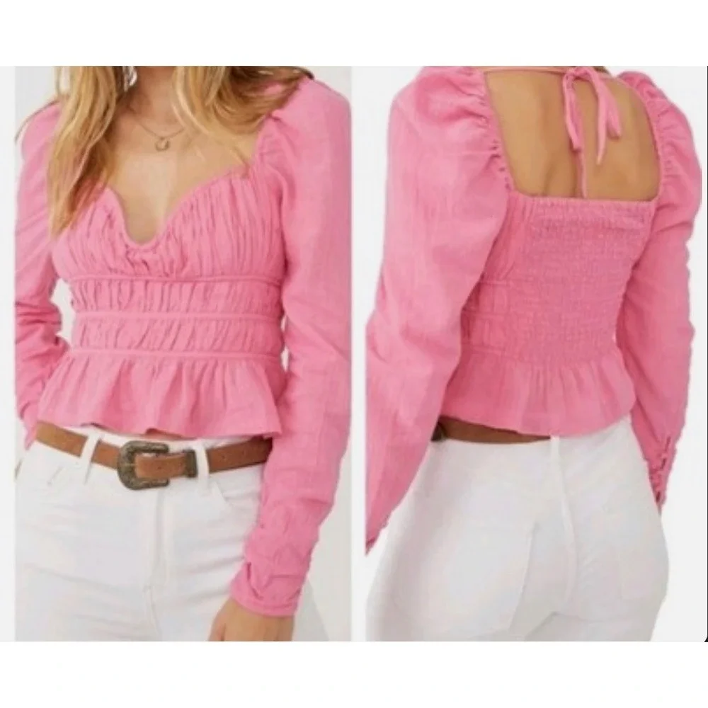 NWT Free People Chloe Blouse Aurora Pink Smocked Peplum Top Womens L